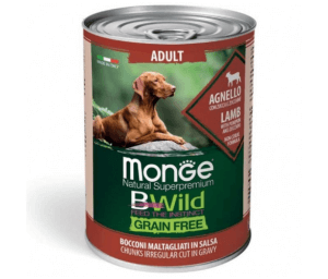 Monge BWILD Grain Free Adult - беззърнена консерва за кучета хапки в сос с агнешко, тиква и тиквички 400гр